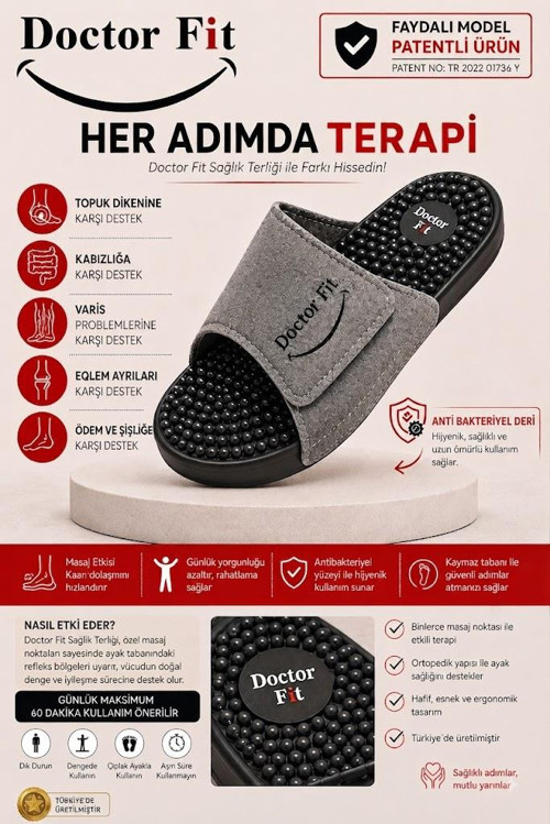 44 Numara Unisex Refleksoloji Rahatlatıcı,Akapunktur Masaj Terliği Antibakteriyel Deri Gri