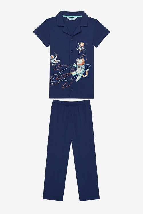 Erkek Çocuk Catstronaut Gömlek Pamuklu Koyu Mavi Pijama Takımı