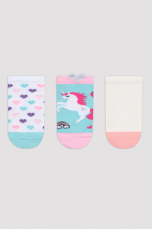 Kız Çocuk Unicorn Kalpli Çok Renkli 3lü Patik Çorap