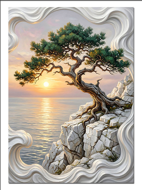 Bonsai Ağaç Ve Kayalık Gün Batımı Dekoratif Kanvas - Mdf Ahşap Tablo