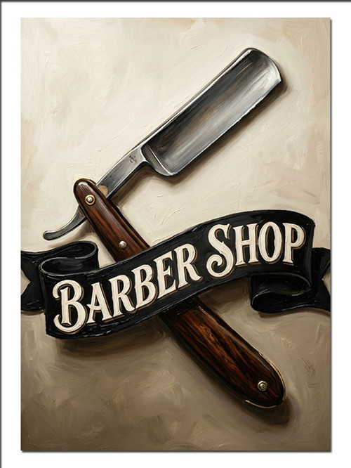 Barber Shop Ustura Ve Bant Logo Dekoratif Kanvas - Mdf Ahşap Tablo