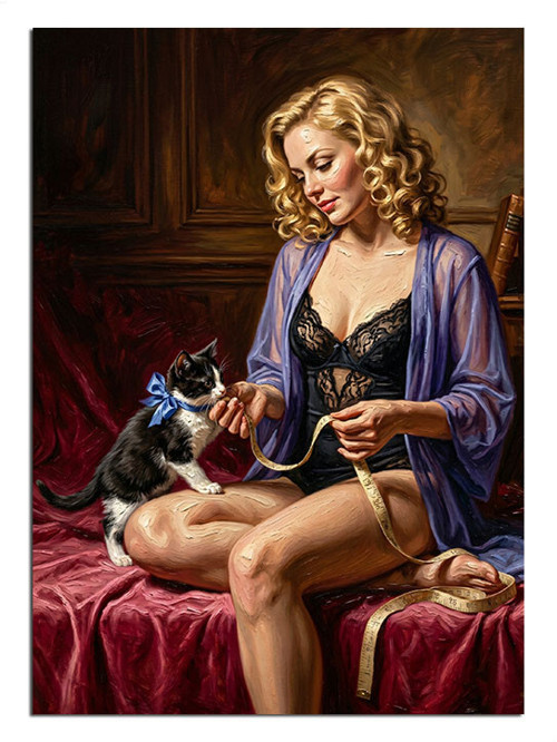 Kediyle Oturan Sarışın Pin-Up Kadın Dekoratif Kanvas - Mdf Ahşap Tablo