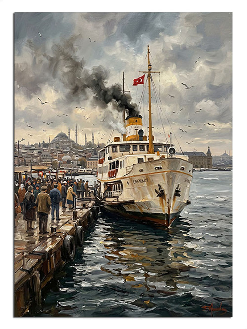 İskeleye Yanaşan Beyaz Vapur Dekoratif Kanvas - Mdf Ahşap Tablo