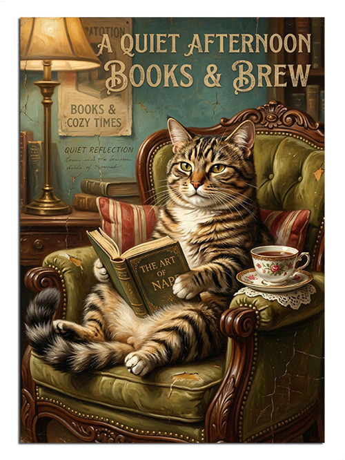 Kitap Okuyan Kedi Ve Kahve Dekoratif Kanvas - Mdf Ahşap Tablo