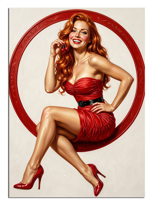 Kırmızı Dairede Kırmızı Elbiseli Pin-Up Dekoratif Kanvas - Mdf Ahşap Tablo