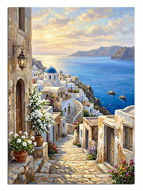 Santorini Beyaz Evleri Ve Mavi Dekoratif Kanvas - Mdf Ahşap Tablo