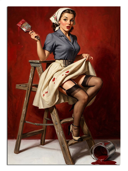 Taburede Oturan Pin-Up Boyacı Kadın Dekoratif Kanvas - Mdf Ahşap Tablo