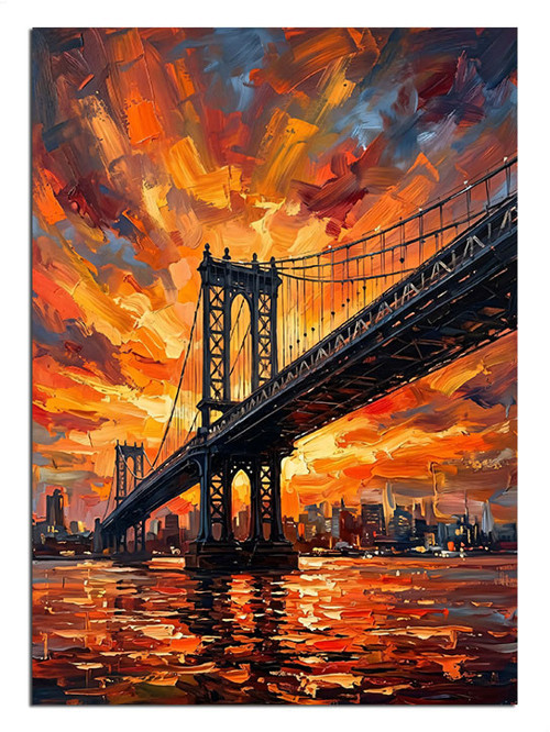 Gün Batımında Brooklyn Köprüsü Alev Dekoratif Kanvas - Mdf Ahşap Tablo