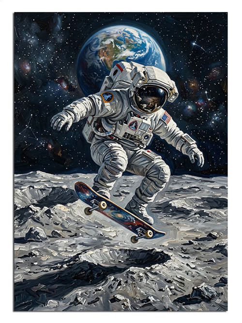 Ayda Kaykaylı Astronot Eğlencesi Dekoratif Kanvas - Mdf Ahşap Tablo
