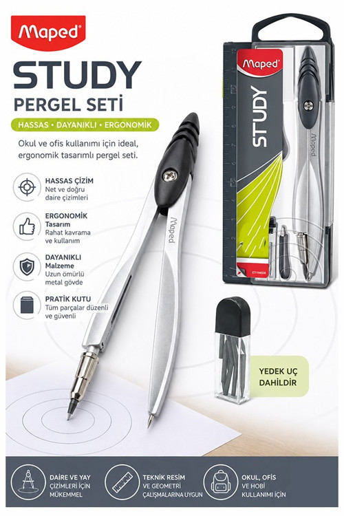Renkli Metal Pergel 1 Adet Maped 119450 Pergel Seti Teknik Çizim Matematik Geometri Pergel Yedek Uçlu