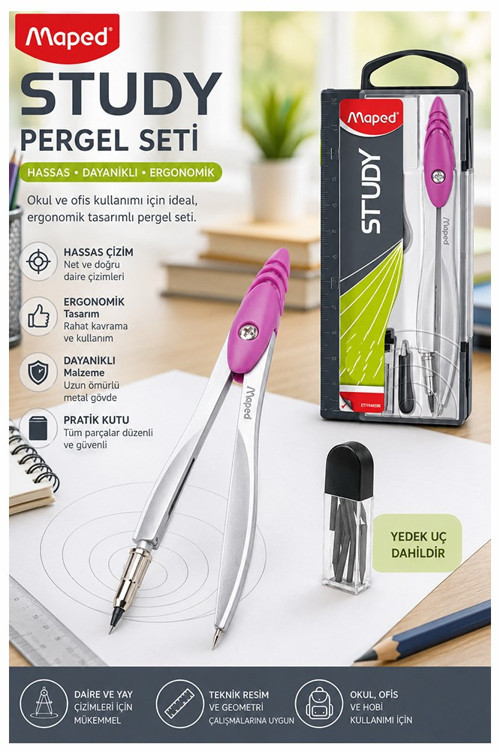 Pembe Metal Pergel 1 Adet Maped 119450 Pergel Seti Teknik Çizim Matematik Geometri Pergel Yedek Uçlu