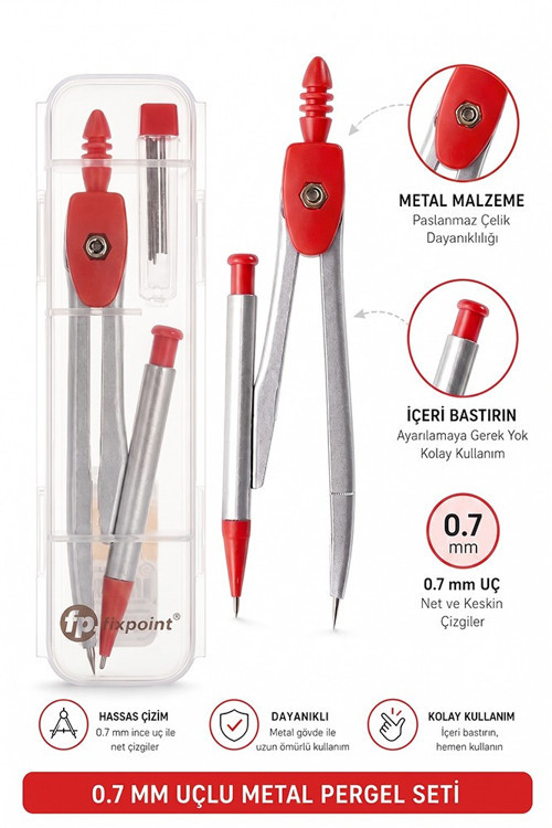 0.7 Uçlu Metal Pergel Kırmızı 1 Adet Fixpoint Kutulu Metal Pergel Versatil Uçlu Mekanik Kalem Basmalı Uçlu Pergel