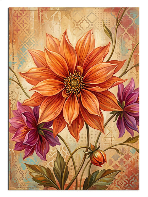 Turuncu Dahlia Çiçek Vintage Desen Dekoratif Kanvas - Mdf Ahşap Tablo