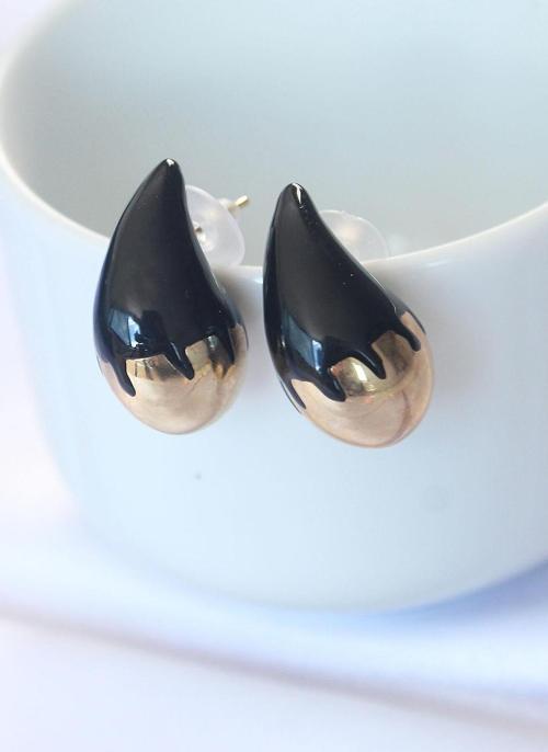 Minimal Siyah Mineli Çift Renk Damla Küpe - TJ-BKP8868