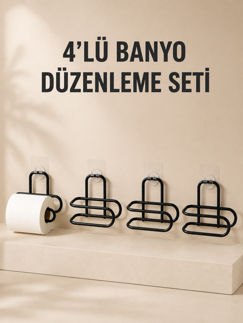 tekno 4 Adet Yapışkanlı Tuvalet Kağıdı Askısı Siyah Metal Delmeden Duvara Monte WC Kağıtl�