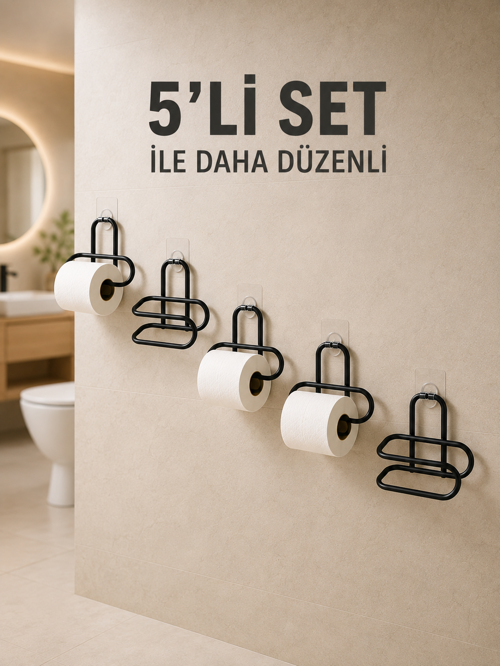 tekno Yapışkanlı Tuvalet Kağıdı Askısı Siyah Metal Delmeden Montaj WC Kağıtlık 5 Adet 202