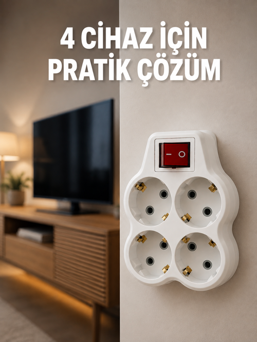 tekno Kablosuz Duvar Tipi 4’lü Priz Çoklayıcı Anahtarlı Elektrik Priz Çoğaltıcı 2026