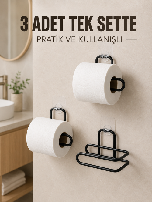 tekno 3 Adet Siyah Rulo Kağıt Tutucu Yapışkanlı Duvar Tipi Pratik Kağıtlık Seti 2026