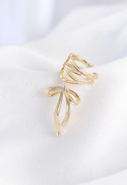 Pirinç Gold Renk Zirkon Taş Detay Fiyonk Model Earcuf Küpe - TJ-BKP8926