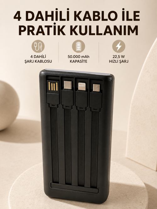 tekno Hızlı Şarj Powerbank 50.000 mAh 4 Dahili Kablolu LED Aydınlatmalı Dijital Göstergeli Ta�