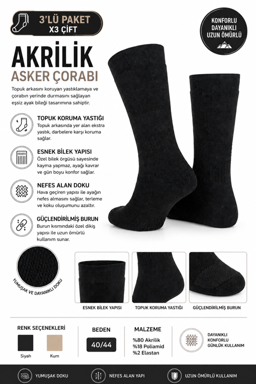 NEFES ALABİLİR KUMAŞ UNİSEX SİYAH TERMAL ÇORAP 3LÜ (3ÇİFT)