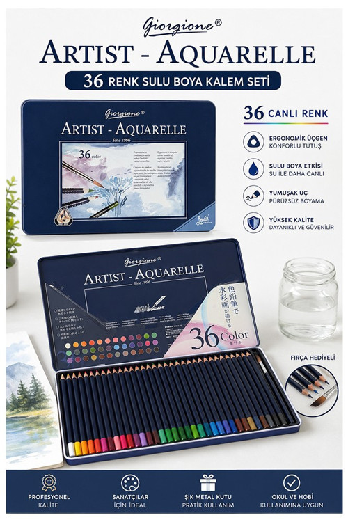 Aquarel Suluboya Kalemi 36 Renk 1 Paket Giorgione Teneke Kutu Sulu Boya Kalemi 36 Lı Fırça Hediyeli Sanatsal Kaliteli