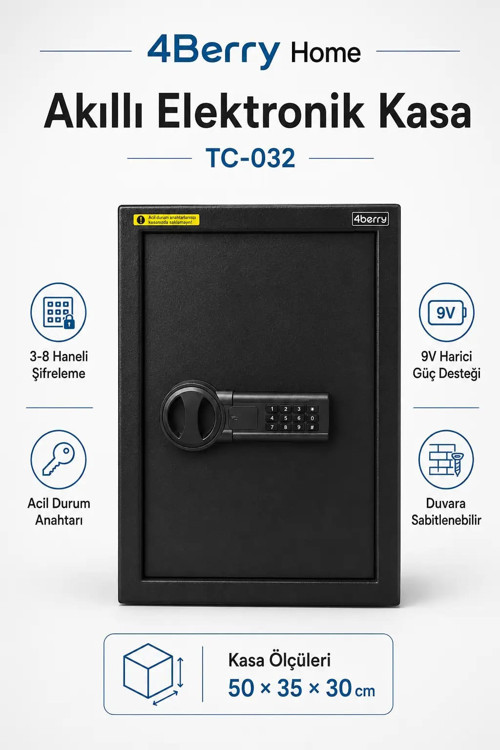 TC-032 Akıllı Elektronik Kasa – Dijital Şifreli Güvenlik Kasası, Acil Durum Anahtarlı