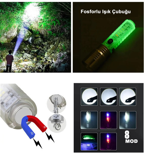 El Feneri 8 Mod Şarjlı Fosforlu Mıknatıslı Led El Feneri