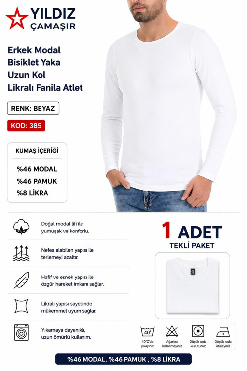Erkek Modal Bisiklet Yaka Uzun Kol Likralı Fanila Atlet (385-386-387)- 1 Adet