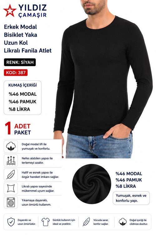 Erkek Modal Bisiklet Yaka Uzun Kol Likralı Fanila Atlet (385-386-387)- 1 Adet