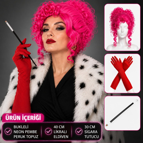 Neon Bukleli Pembe Peruk Uzun Kumaş Kırmızı Eldiven Tutucu Seti (3 Parça)
