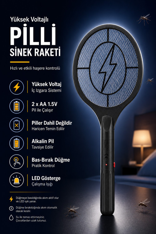 Pilli Sinek Raketi Sivrisinek Karasinek Haşere Öldürücü Sineklik Haşere Aleti Z007