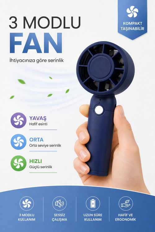 Turbo 3 MOD Şarjlı El Fanı 3 Kademe Seyahat Masaüstü Vantilatör Taşınabilir Mini Fan Mavi F130