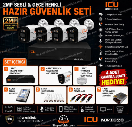 ICU 2mp 4 Kameralı Dış Ortam Sesli Ve Gece Renkli AHD Kamera Seti 500GB Disk
