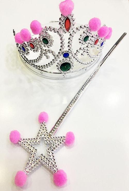 Pembe Ponponlu Gümüş Renk Prenses Tacı ve Gümüş Renk Prenses Asası