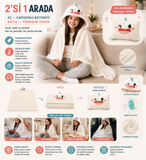 🦆 2’si 1 Arada Kapüşonlu Peluş Battaniye & Yastık