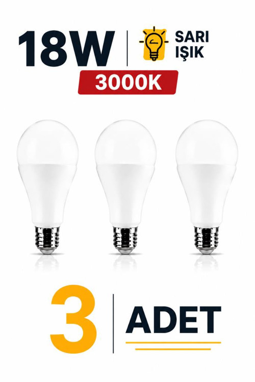 18W E27 LED Ampul 3000K Sarı Işık 3 Adet Yüksek Aydınlatma Led Lamba