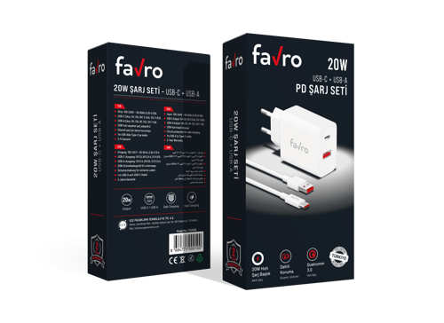 20W USB-A + USB-C Şarj Başlık + USB / Type-C Şarj Kablosu