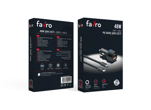 48W PD USB-C + USB-A Araç Şarj Seti + Type-C / Type-C Şarj Kablosu