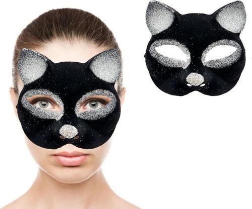 Siyah Renk Gümüş Simli Süet Kaplama Kedi Maskesi 18x14 cm