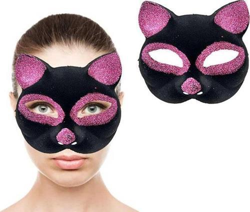 Siyah Renk Pembe Simli Süet Kedi Maskesi 18x14 cm