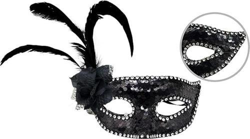 Siyah Renk Yandan Tüylü Güllü Gümüş Taşlı Pullu Maske 20x22 cm