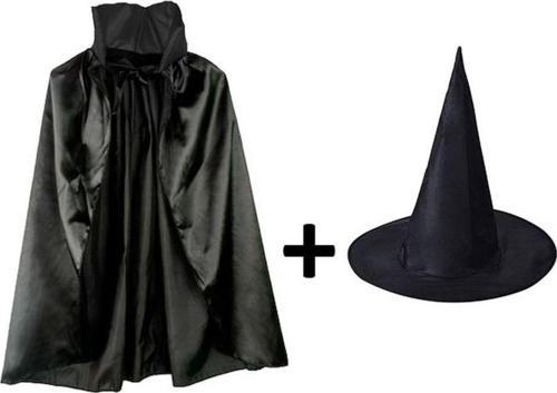Siyah Yakalı Pelerin ve Siyah Cadı Şapkası Seti Çocuk Boy