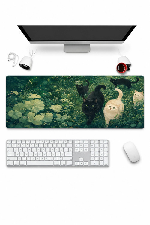 SonicTouch Klavye Mousepad 32x70cm Pürüzsüz Sıvı Geçirmez Kaymaz Taban Zümrüt Bahçenin Kedileri