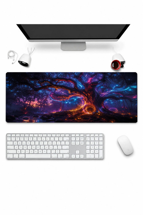 SonicTouch Klavye Mousepad 32x70cm Dikişsiz Pürüzsüz Sıvı Geçirmez Kaymaz Taban Neon Hayat Ağacı