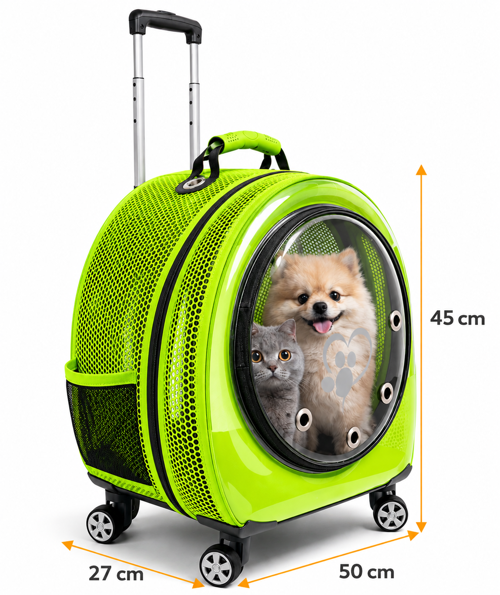 Jumbo Fileli Tekerlekli Kedi Köpek Taşıma Çantası 45 x 50 x 27 cm Neon Yeşil 15 kg