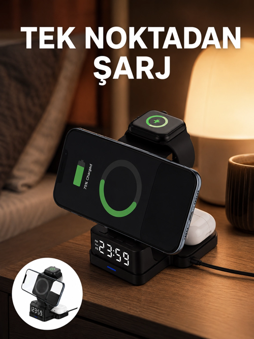 LED Dijital Saatli Kablosuz Şarj Cihazı – 3 Parlaklık Ayarlı, Şarj Koruma Teknolojili Yeni Ne