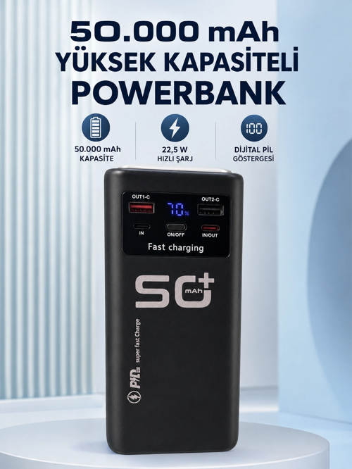50.000 mAh Taşınabilir Powerbank 22,5 W Hızlı Şarj 4 Dahili Şarj Kablosu Dijital Ekran LED Ayd
