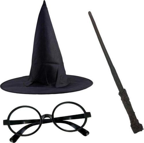 Harry Potter Siyah Şapkası Harry Potter Gözlüğü Harry Potter Asası 3 lü Set