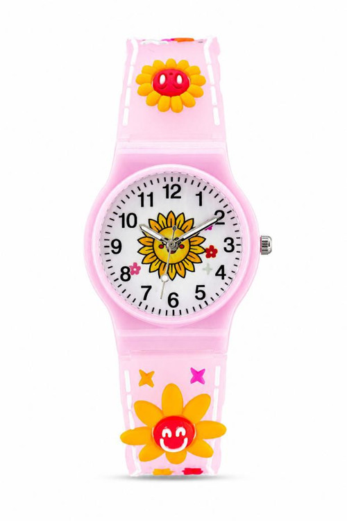Kız Çocuk Pembe Çiçek Desenli Silikon Kordon Analog Kol Saati ST-304441